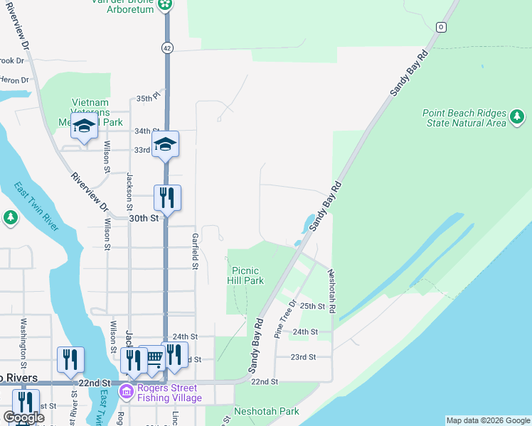 map of restaurants, bars, coffee shops, grocery stores, and more near 2912 Sandy Ridge Drive in Two Rivers