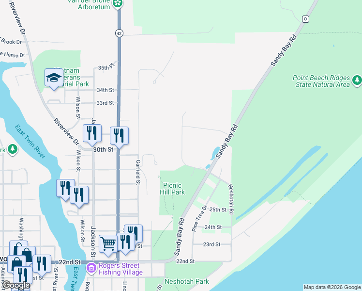 map of restaurants, bars, coffee shops, grocery stores, and more near 2912 Sandy Ridge Drive in Two Rivers
