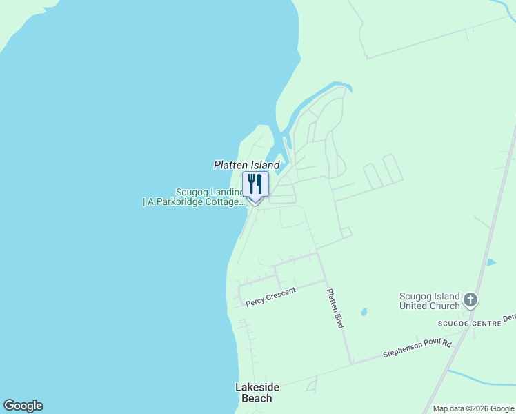 map of restaurants, bars, coffee shops, grocery stores, and more near 225 Platten Boulevard in Scugog