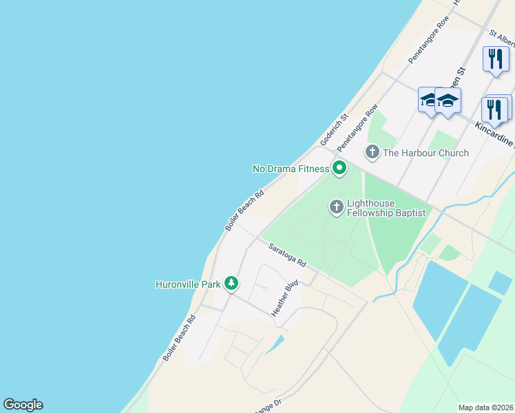 map of restaurants, bars, coffee shops, grocery stores, and more near 45 Goderich Street in Kincardine