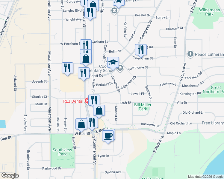 map of restaurants, bars, coffee shops, grocery stores, and more near 243 Berkeley Street in Neenah