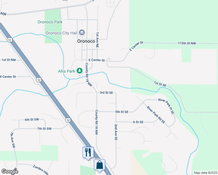 map of restaurants, bars, coffee shops, grocery stores, and more near 125 3rd Street Southeast in Oronoco