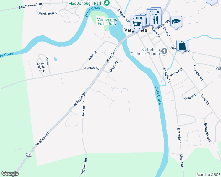 map of restaurants, bars, coffee shops, grocery stores, and more near 20 Hillside Drive in Vergennes