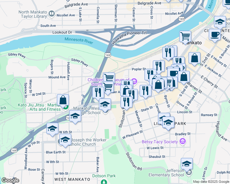 map of restaurants, bars, coffee shops, grocery stores, and more near Linder Avenue in Mankato