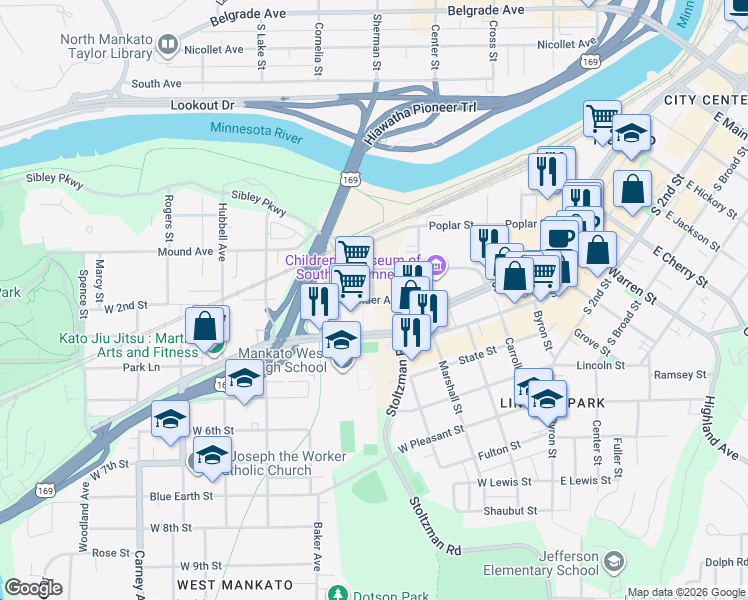 map of restaurants, bars, coffee shops, grocery stores, and more near in Mankato