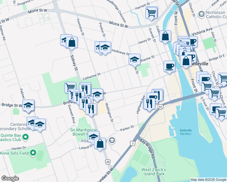 map of restaurants, bars, coffee shops, grocery stores, and more near 8 Ritchie Avenue in Belleville