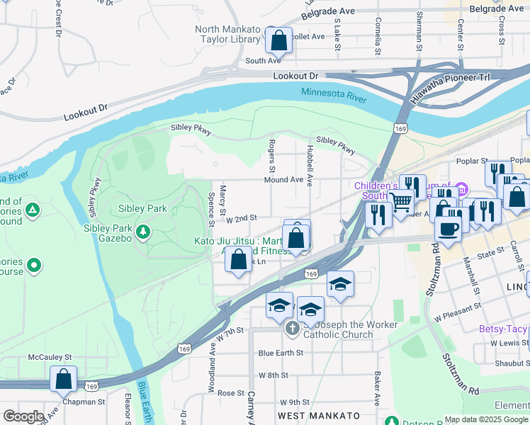 map of restaurants, bars, coffee shops, grocery stores, and more near 518 West 2nd Street in Mankato