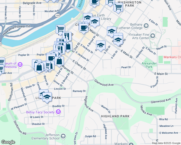 map of restaurants, bars, coffee shops, grocery stores, and more near 410 South 5th Street in Mankato