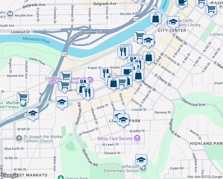 map of restaurants, bars, coffee shops, grocery stores, and more near 801 South Riverfront Drive in Mankato
