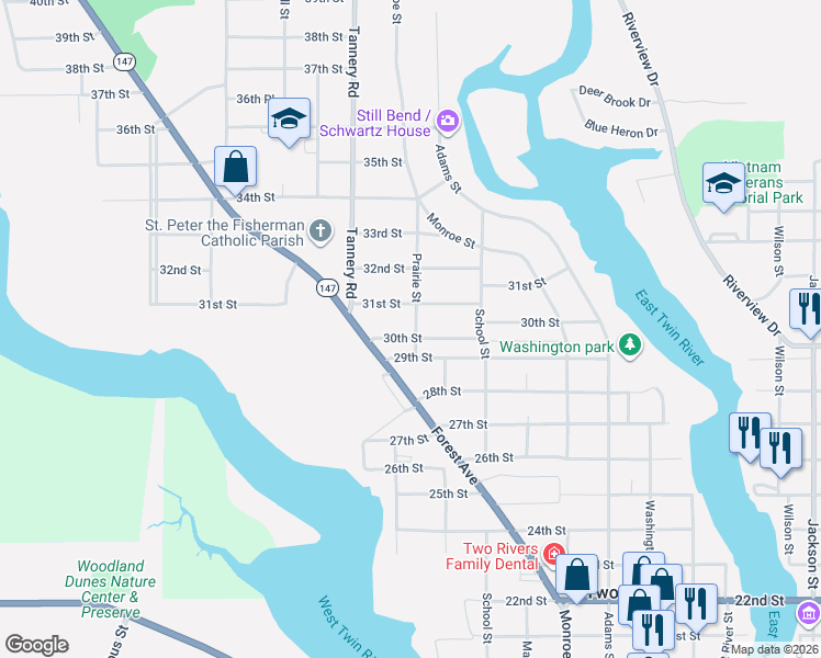 map of restaurants, bars, coffee shops, grocery stores, and more near 3007 Prairie Street in Two Rivers