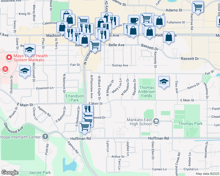 map of restaurants, bars, coffee shops, grocery stores, and more near 132 North Mayfair Drive in Mankato