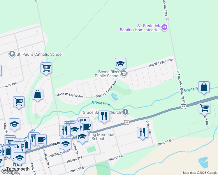 map of restaurants, bars, coffee shops, grocery stores, and more near 164 John w Taylor Avenue in New Tecumseth