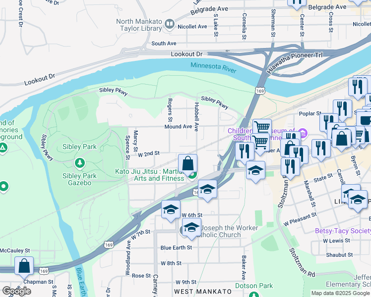 map of restaurants, bars, coffee shops, grocery stores, and more near 278 Hubbell Avenue in Mankato