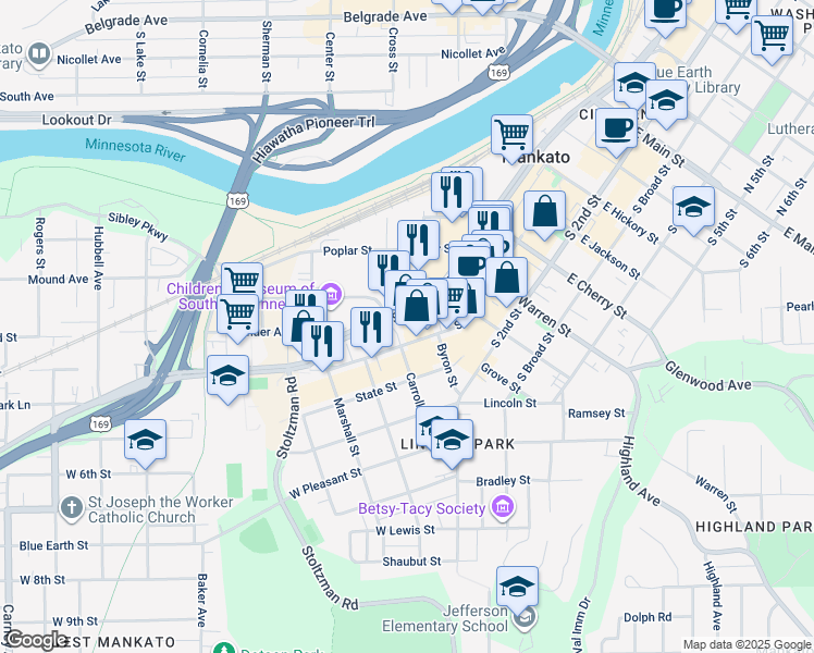 map of restaurants, bars, coffee shops, grocery stores, and more near 801 South Riverfront Drive in Mankato