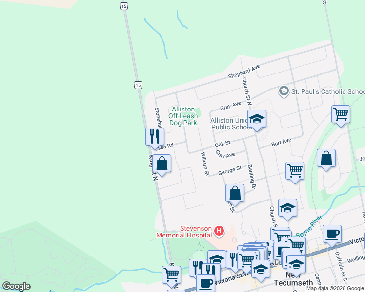 map of restaurants, bars, coffee shops, grocery stores, and more near 41 Essa Road in New Tecumseth
