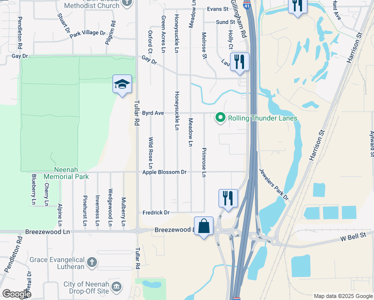 map of restaurants, bars, coffee shops, grocery stores, and more near 1259 Meadow Lane in Neenah