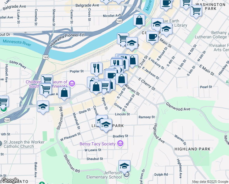map of restaurants, bars, coffee shops, grocery stores, and more near 701 South Front Street in Mankato