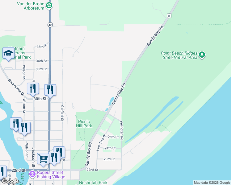 map of restaurants, bars, coffee shops, grocery stores, and more near 2716 Sandy Bay Road in Two Rivers