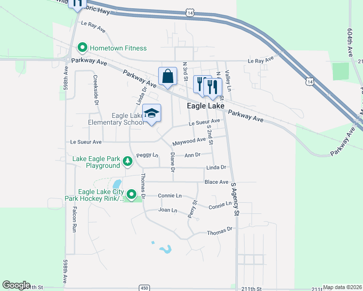 map of restaurants, bars, coffee shops, grocery stores, and more near 313 Maywood Avenue in Eagle Lake