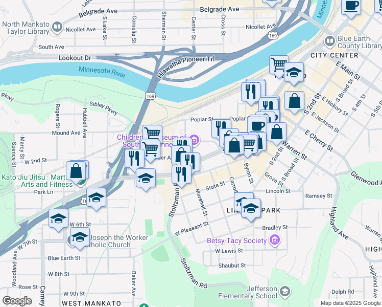 map of restaurants, bars, coffee shops, grocery stores, and more near 224 Lamm Street in Mankato