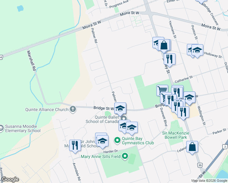 map of restaurants, bars, coffee shops, grocery stores, and more near 259 Palmer Road in Belleville