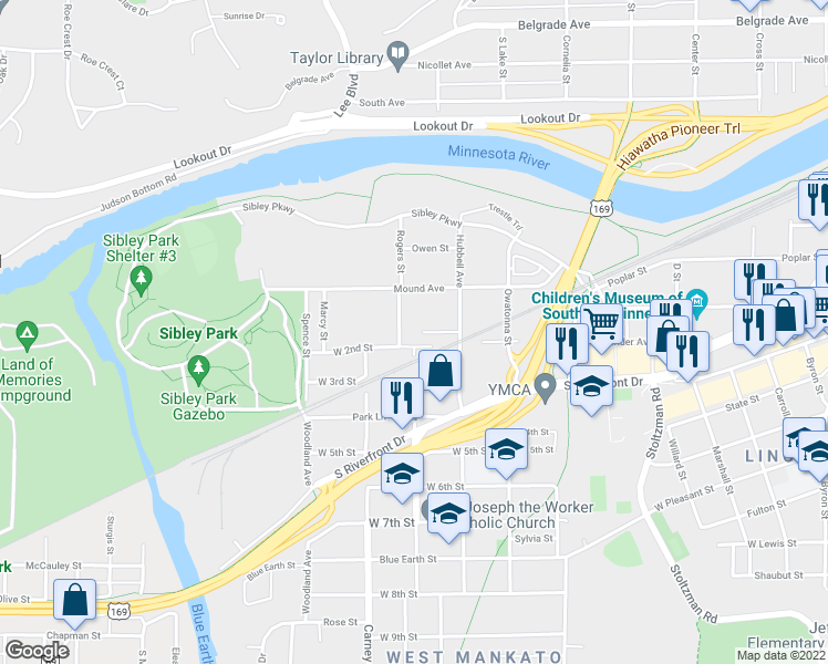 map of restaurants, bars, coffee shops, grocery stores, and more near 278 Hubbell Avenue in Mankato
