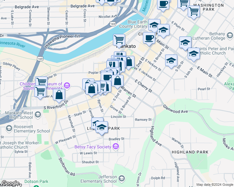 map of restaurants, bars, coffee shops, grocery stores, and more near 632 South 2nd Street in Mankato