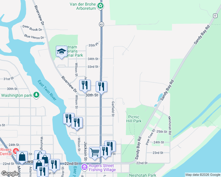 map of restaurants, bars, coffee shops, grocery stores, and more near 2924 Garfield Street in Two Rivers