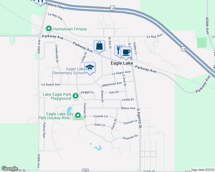 map of restaurants, bars, coffee shops, grocery stores, and more near 313 Maywood Avenue in Eagle Lake