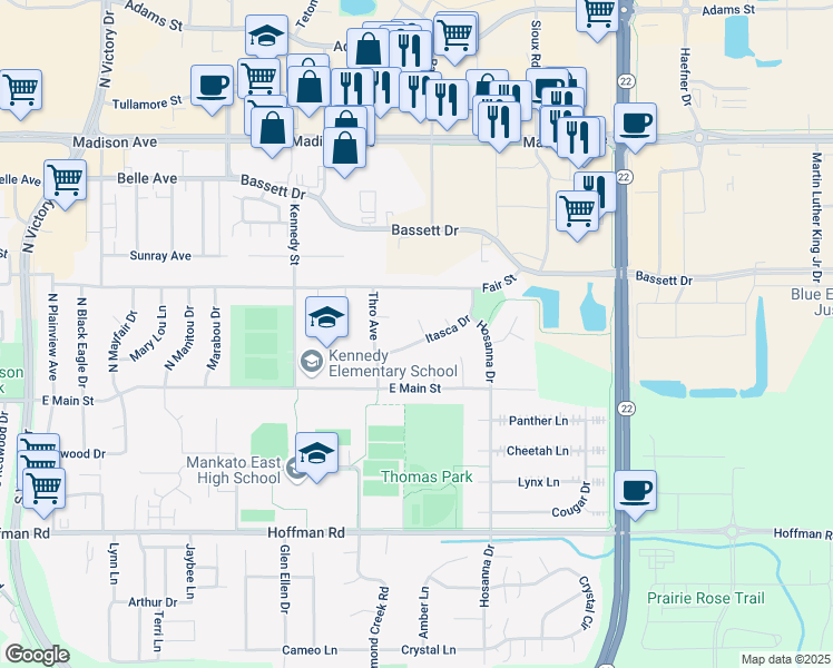 map of restaurants, bars, coffee shops, grocery stores, and more near 10 Flicka Ct in Mankato