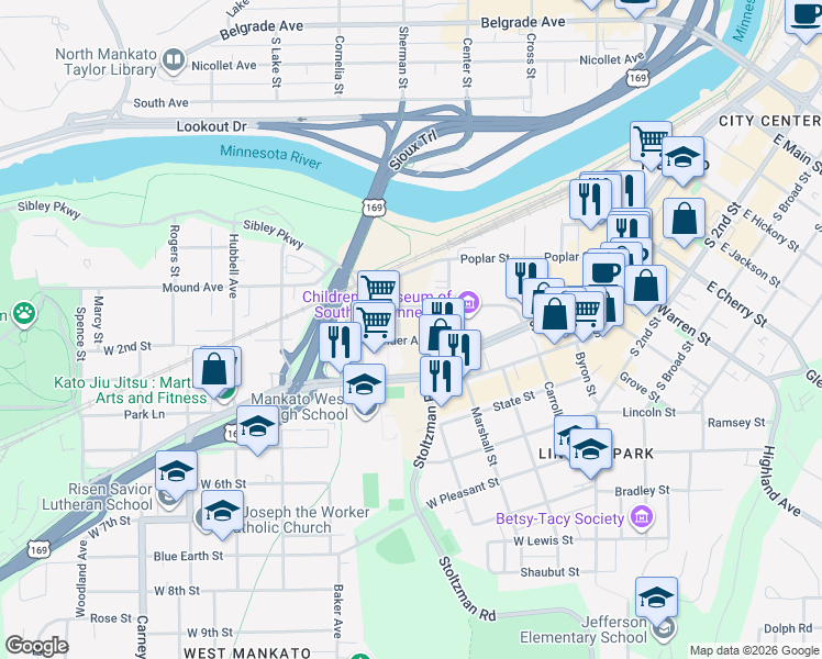 map of restaurants, bars, coffee shops, grocery stores, and more near Linder Ave in Mankato