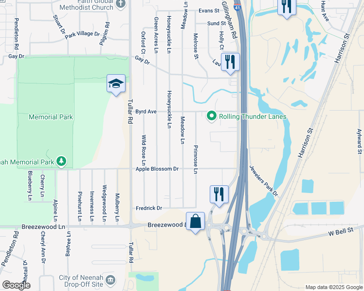 map of restaurants, bars, coffee shops, grocery stores, and more near 1259 Meadow Lane in Neenah