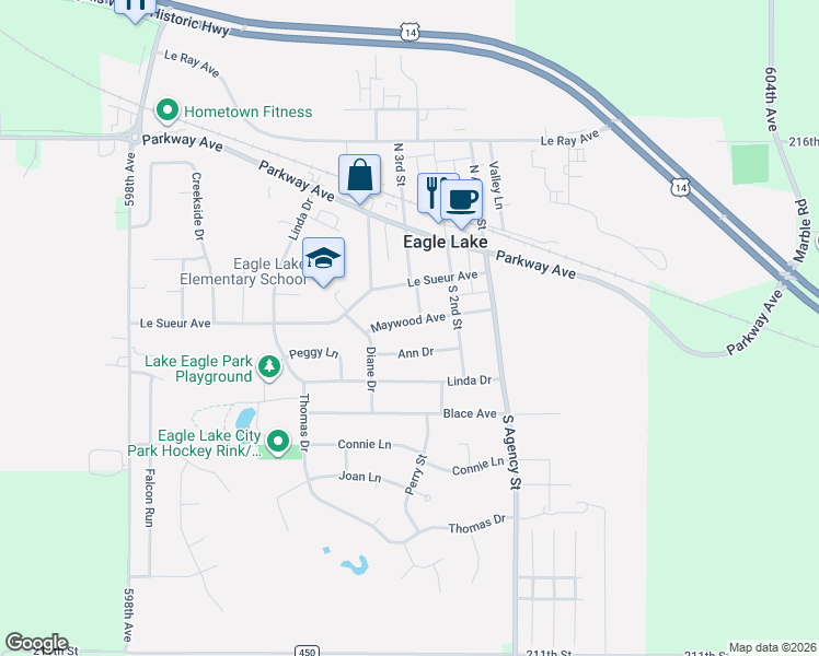 map of restaurants, bars, coffee shops, grocery stores, and more near 221 Maywood Avenue in Eagle Lake
