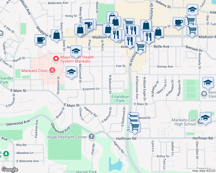 map of restaurants, bars, coffee shops, grocery stores, and more near 302 North Belmont Drive in Mankato