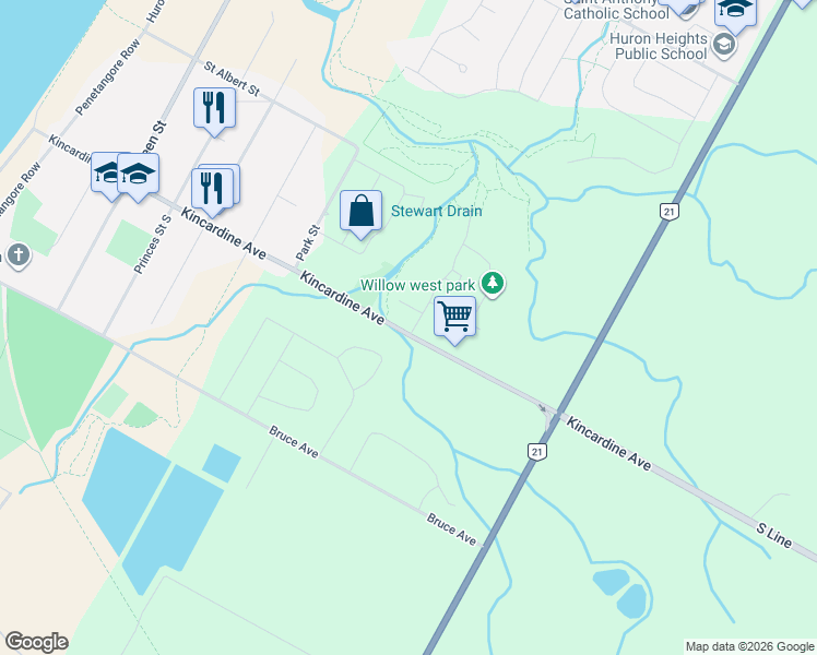 map of restaurants, bars, coffee shops, grocery stores, and more near 341 Fraser Drive in Kincardine