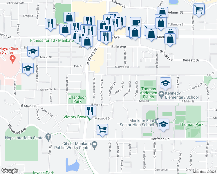 map of restaurants, bars, coffee shops, grocery stores, and more near 132 North Mayfair Drive in Mankato
