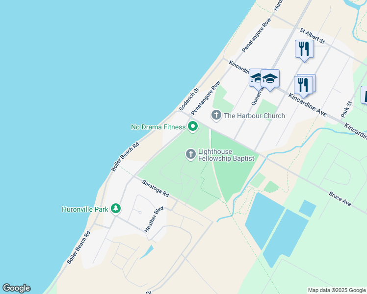 map of restaurants, bars, coffee shops, grocery stores, and more near 54 Lakefield Drive in Kincardine