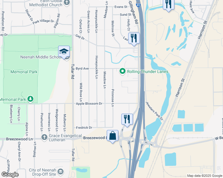 map of restaurants, bars, coffee shops, grocery stores, and more near 1251 Primrose Lane in Neenah