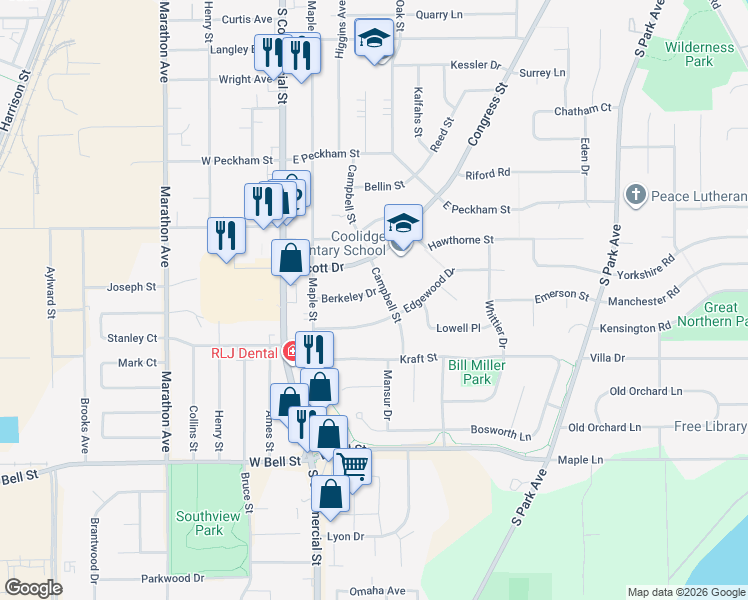 map of restaurants, bars, coffee shops, grocery stores, and more near 243 Berkeley Street in Neenah