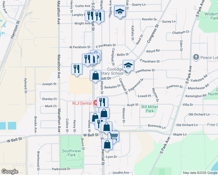 map of restaurants, bars, coffee shops, grocery stores, and more near 219 Berkeley Street in Neenah