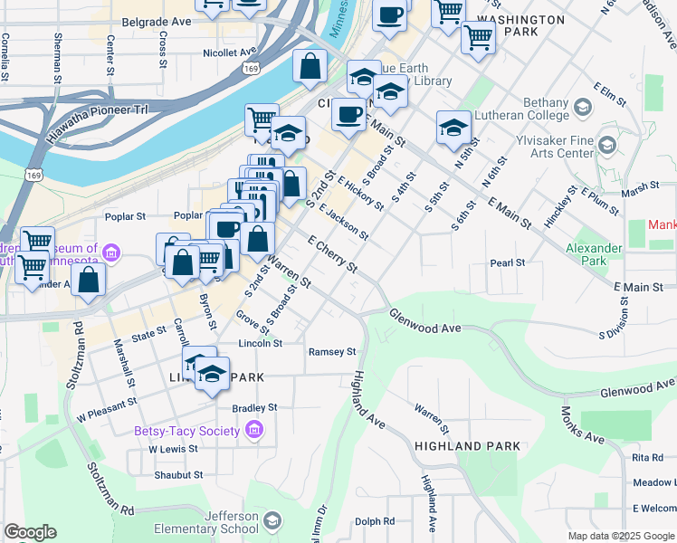 map of restaurants, bars, coffee shops, grocery stores, and more near 519 South Broad Street in Mankato