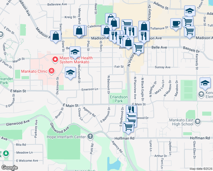 map of restaurants, bars, coffee shops, grocery stores, and more near 302 North Belmont Drive in Mankato