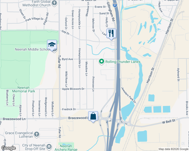 map of restaurants, bars, coffee shops, grocery stores, and more near 1251 Primrose Lane in Neenah