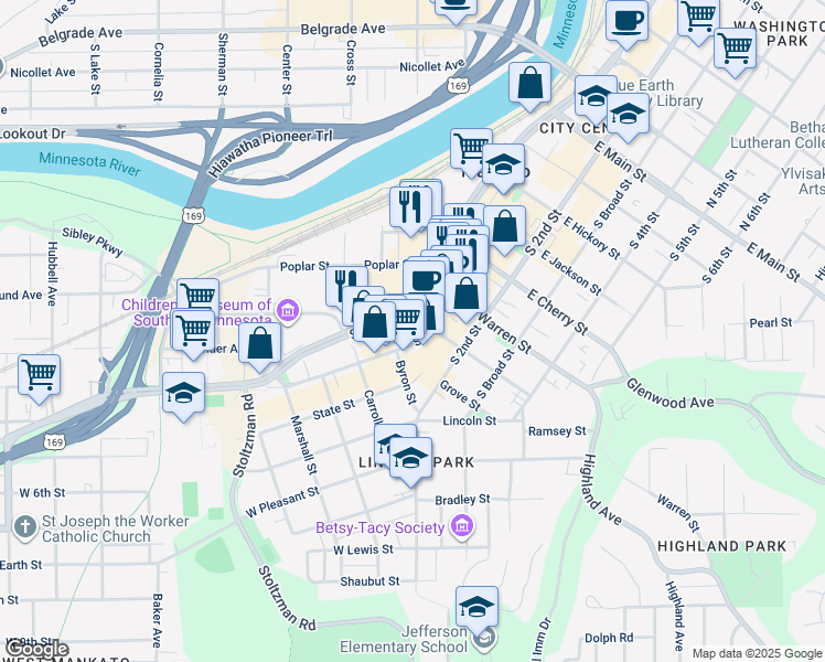 map of restaurants, bars, coffee shops, grocery stores, and more near 710 South Front Street in Mankato