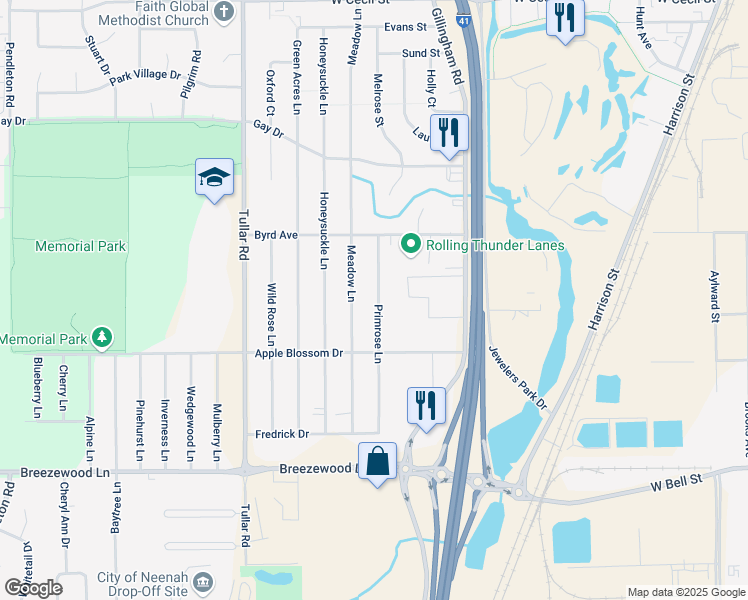 map of restaurants, bars, coffee shops, grocery stores, and more near 1251 Primrose Lane in Neenah