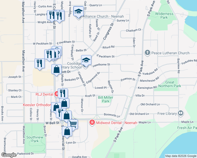map of restaurants, bars, coffee shops, grocery stores, and more near 411 Cambridge Court in Neenah