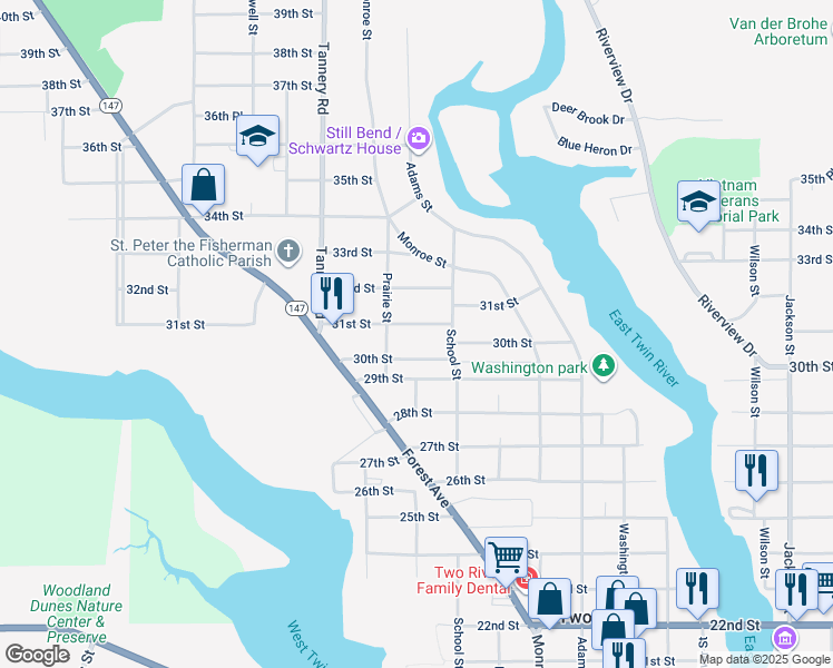 map of restaurants, bars, coffee shops, grocery stores, and more near 1913 31st Street in Two Rivers