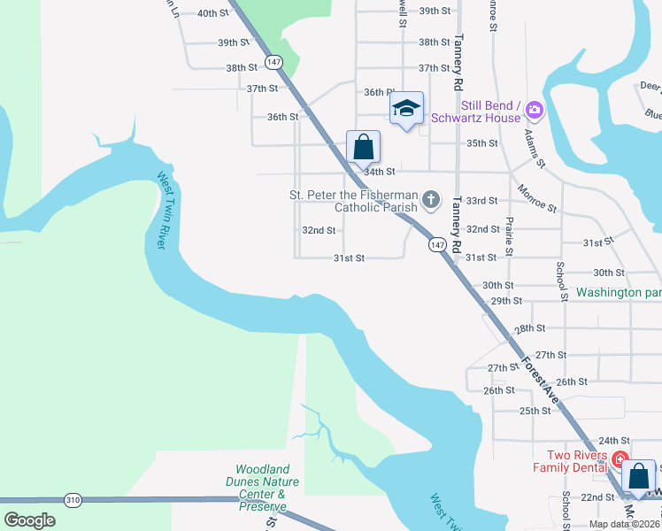 map of restaurants, bars, coffee shops, grocery stores, and more near 2717 31st Street in Two Rivers