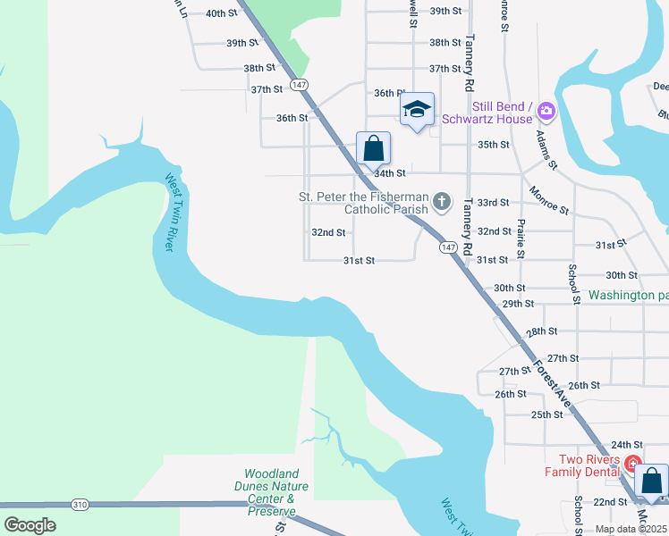 map of restaurants, bars, coffee shops, grocery stores, and more near 2717 31st Street in Two Rivers