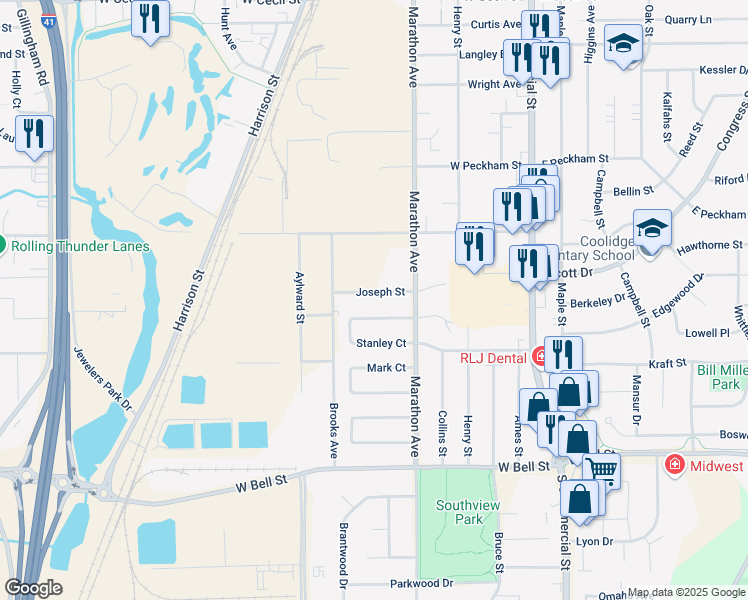 map of restaurants, bars, coffee shops, grocery stores, and more near 382 Stanley Court in Neenah